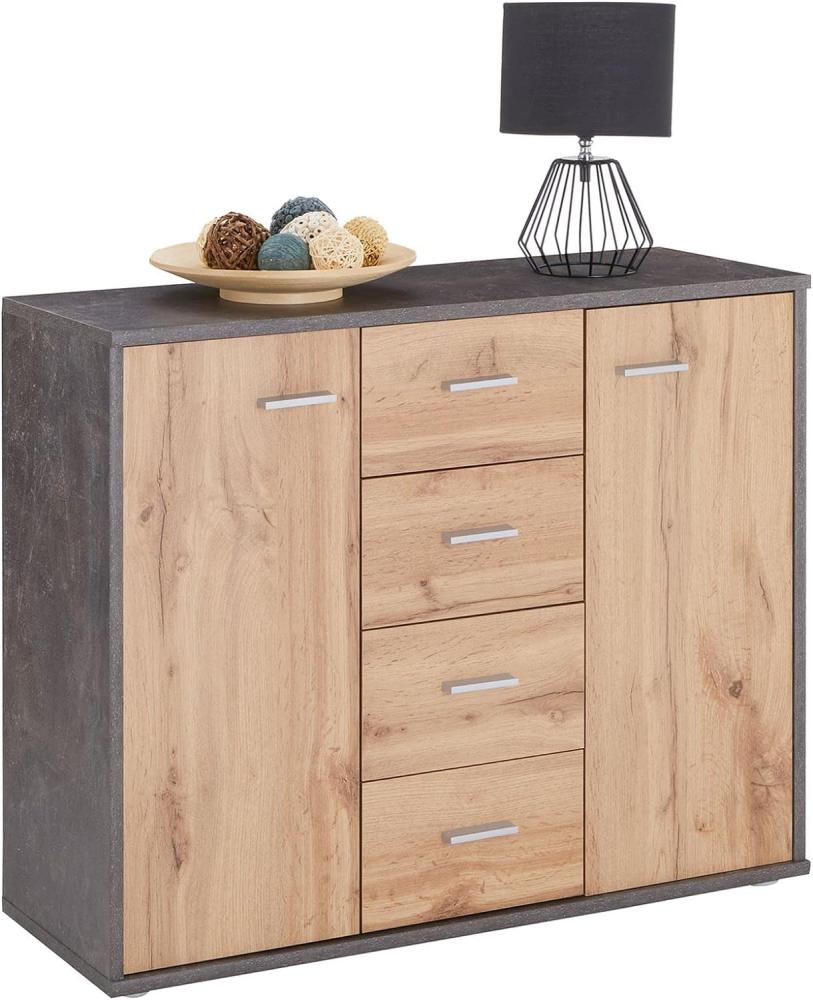 CARO-Möbel Sideboard Jamie mit 2 Türen und 4 Schubladen, Moderne Kommode Büromöbel in Beton dunkel/Wotan Eiche Bild 1