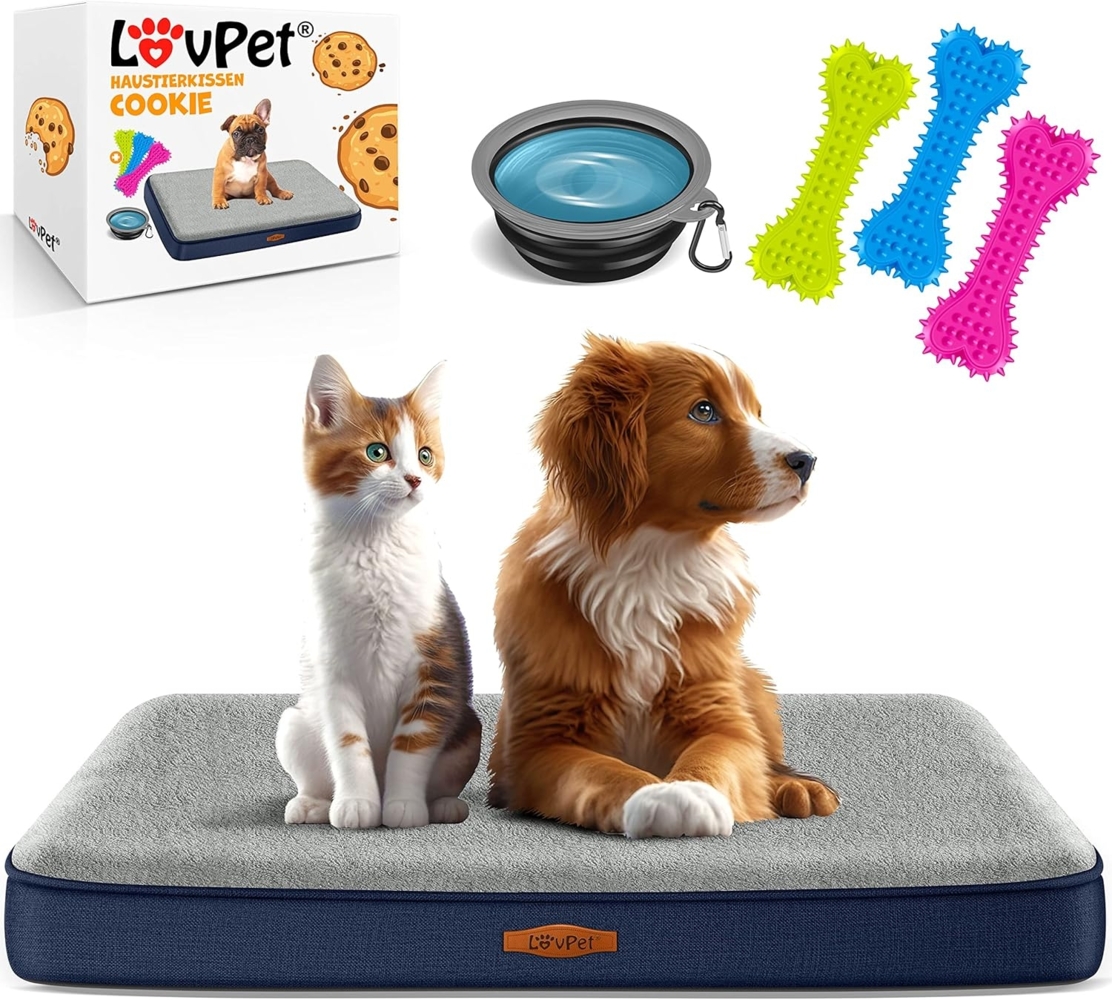 LovPet® Hundebett orthopädisches Hundekissen Hundekorb Cookie, Inkl. Napf + 3X Kauknochen, Hundesofa für Kleine, Mittelgroße & Große Hunde, Bezug abnehmbar und waschbar Navyblau / Hellgrau, XL (112 x 81 x 7.6cm) Bild 1