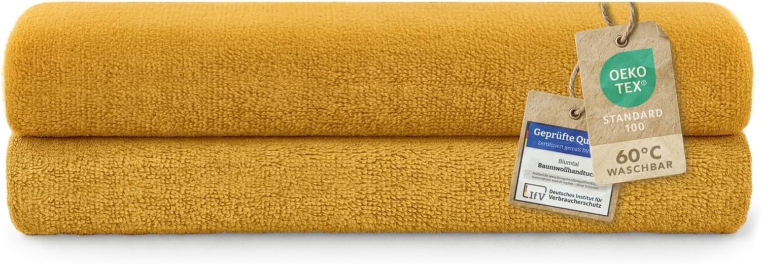 Blumtal Premium Frottier Handtücher Set mit Aufhängschlaufen - Baumwolle Oeko-TEX Zertifiziert, weich, saugstark - 2X Badetuch (70x140 cm), Spicy Mustard (Gelb) Bild 1