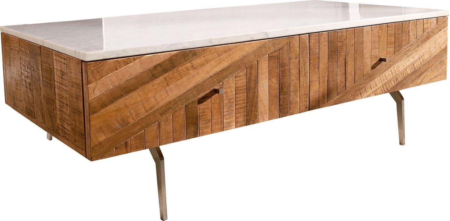 Couchtisch Bahan 115x60 cm Mango Teak 2 Schubladen Marmorplatte weiss Winkelfuß Edelstahl Bild 1