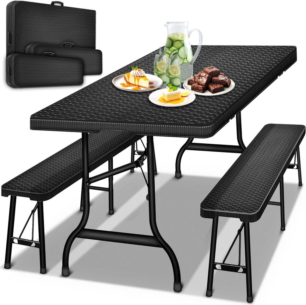 tillvex® Bierzeltgarnitur klappbar 3-teilig Set | Kunststoff Gartengarnitur wetterfest 180 cm | Gartenmöbel Set Indoor & Outdoor mit Gartentisch und Bänken | Festzeltgarnitur Rattan-Optik (Schwarz) Bild 1