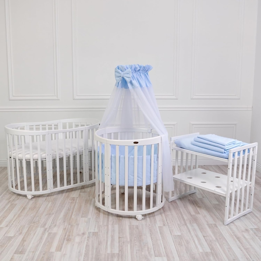 Waldin Babybett aus Holz 7in1 mit Matratze, mitwachsendes Kinder-Bett, belüftet, Boden 5-fach verstellbar, All-Inclusive-Set Holz natur, Stoffe weiss Bild 1