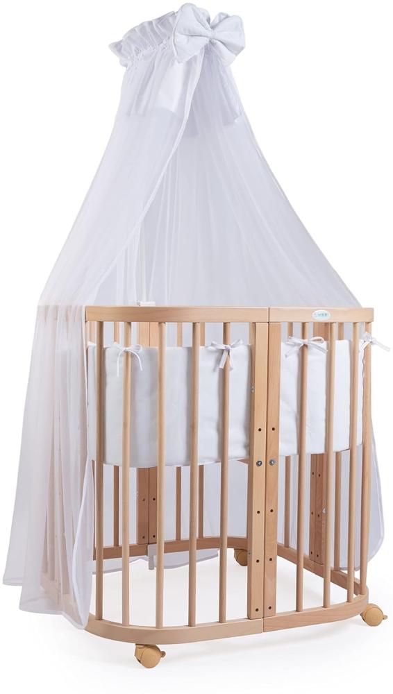 Waldin Babybett aus Holz 7in1 mit Matratze, mitwachsendes Kinder-Bett, belüftet, Boden 5-fach verstellbar, All-Inclusive-Set Holz natur, Stoffe weiss Bild 1