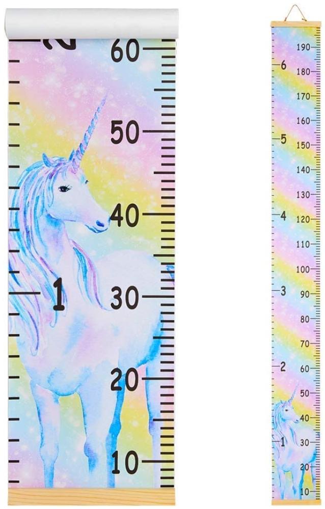 Beinou Wachstum Messlatte Dekorative Messlatten für Kinder Aufrollbare Messleiter Lineal Messtabelle für Baby Kinderzimmer Holzrahmen 7. 9'' x 79'' Leinwand Wandbehang Regenbogen Einhorn Bild 1