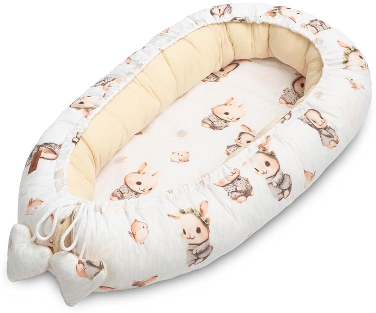 SENSILLO - Babynestchen Neugeborene - Baby-Kokon bis zu 6 Monaten - Für Bett, Kinderbett und Reise - Musselin und Baumwolle mit Silikonfüllung - 80x45 cm - Häschen, Beige Bild 1