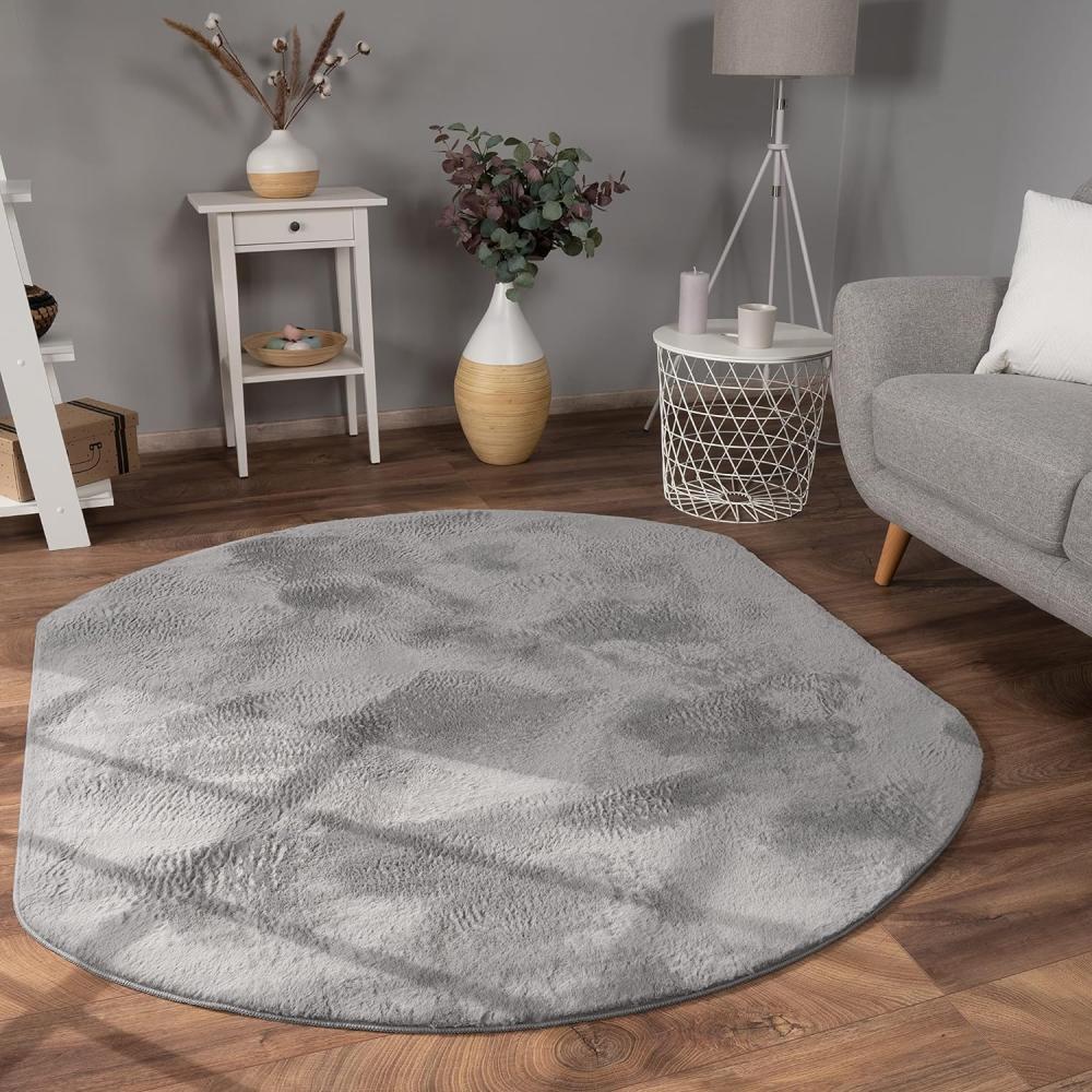 Paco Home Hochflor Teppich Wohnzimmer Flauschig Fellteppich Kunstfell Plüsch Shaggy Weich Fellimitat, Grösse:150x170 cm Oval, Farbe:Anthrazit Bild 1