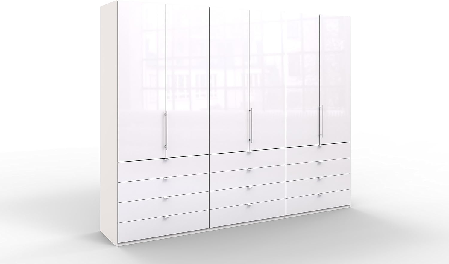 WIEMANN Loft Kleiderschrank, Schlafzimmerschrank, Gleittürenschrank, Drehtürenschrank, mit Schubladen, Glas, weiß, B/H/T 300 x 236 x 58 cm Bild 1