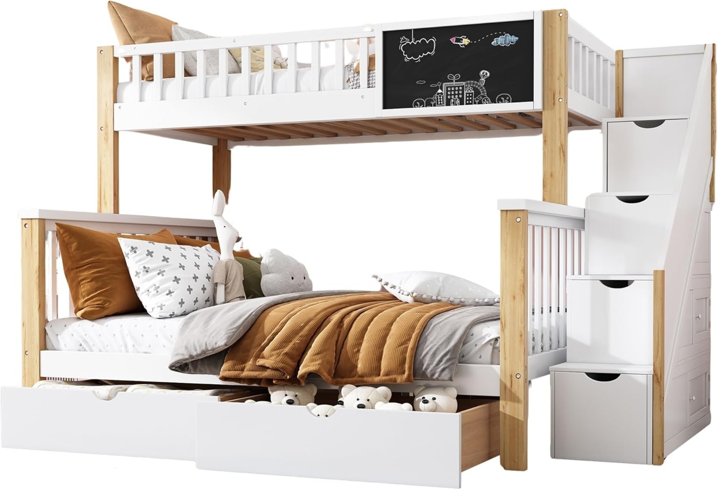 Odikalo Kinderbett Etagenbett Doppel Multifunktion Tafel Schubladen weiß 90x200+140x200 Bild 1