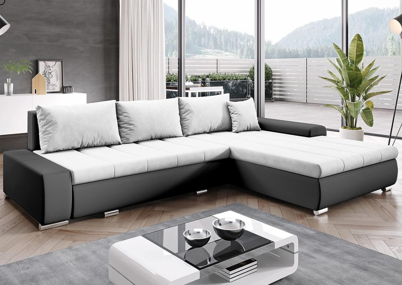 FURNIX Ecksofa Tommaso mit Schlaffunktion und Bettkasten - Couch Sofa mit Kissen - L-Form Sofa, Stellfüße in Chromoptik - B297 x T210 x H85 cm, Liegefläche 255 x 150 cm - MA1100-CO119 (grün/schwarz) Bild 1