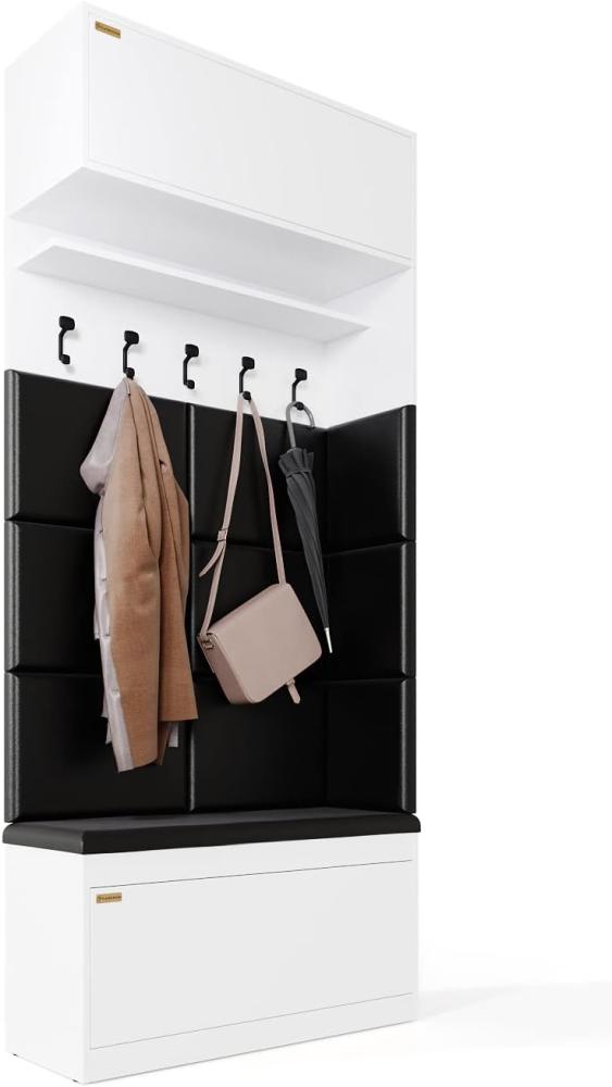 PLATAN ROOM Wand-Garderobe Set mit Garderobenpaneel & Schuhschrank & Hängeschrank 100 cm Flurgarderobe Garderobenset Flur Eiche Holz Weiß (Weiß, 4-TLG. mit 10 paneel) Bild 1