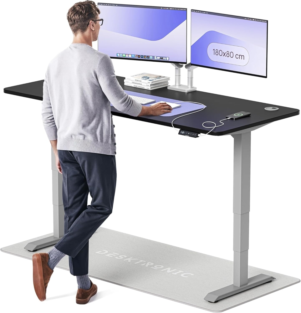 Höhenverstellbarer Schreibtisch - Höhenverstellbar Elektrisch mit Flüsterleisem Dual-Motor & Touchscreen - Hohe Tragfähigkeit - Stehtisch von Desktronic, Grau + Schwarz, 180x80 cm Bild 1