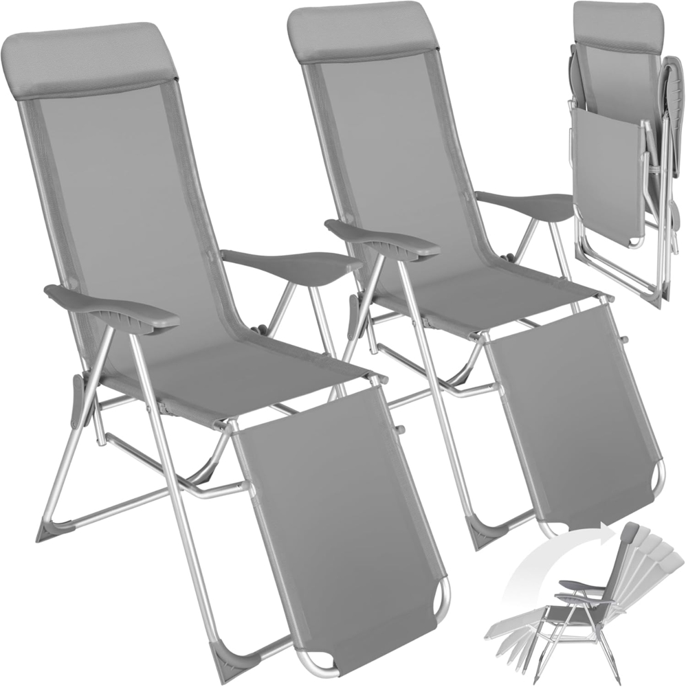 tectake® 2er Set Alu Sonnenliege Liegestuhl, Gartenstühle 5-Fach verstellbare Rückenlehne, Gartenliege mit Fußteil, leicht & klappbar, Relaxsessel mit Kopfpolster, für Camping Garten Balkon - grau Bild 1