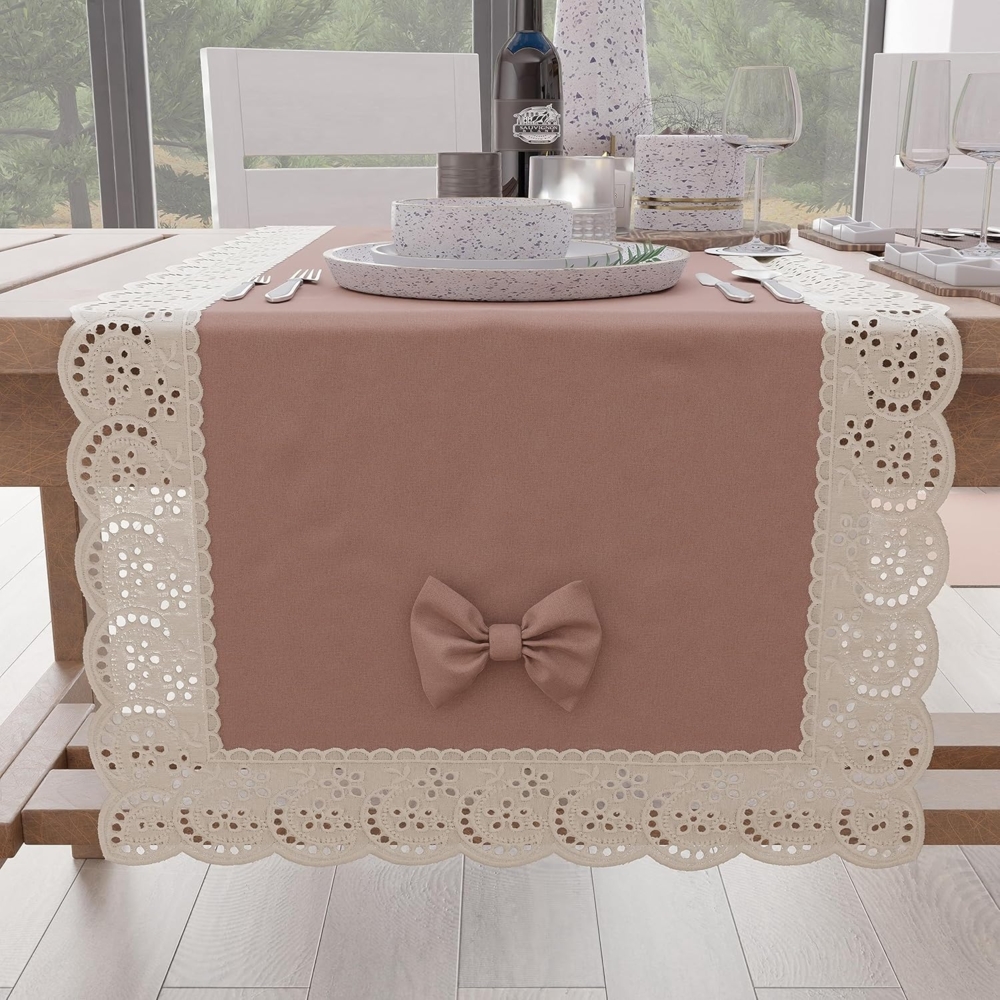 PETTI Artigiani Italiani - Tischläufer, Küchenläufer, Elegante Tischläufer, einfarbig, mit Rüschen aus Spitze und Schleifen, Tischläufer aus Baumwolle, Tischläufer 40x140 cm, 100% Made in Italy Bild 1