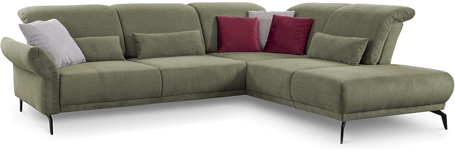 CAVADORE Ecksofa Cooper / Luftige Eckcouch mit Ottomane rechts, Armteilverstellung, Kopfteilverstellung und Sitztiefenverstellung / 294 x 88 x 242 / Cord, Grün Bild 1