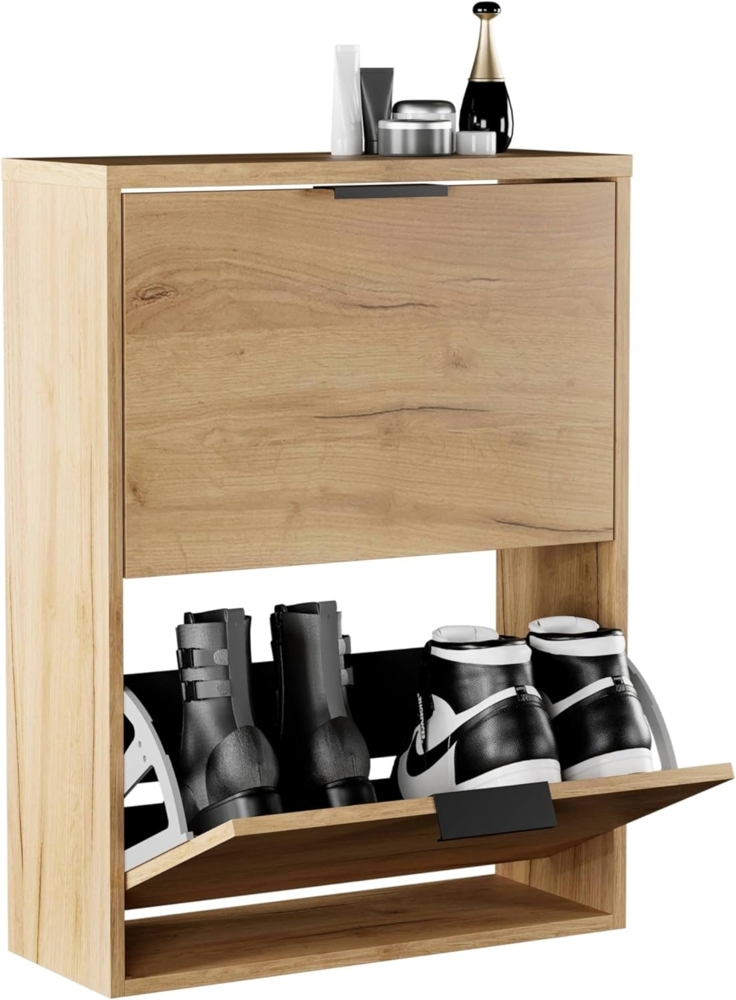 Planetmöbel Schuhschrank schmal mit 2 Klappen platzsparender Schuhregal mit 4 Ablagen, Schuhkommode für Diele, Flur, Garderobe 60 x 23 x 80,5 cm, Gold Eiche Bild 1