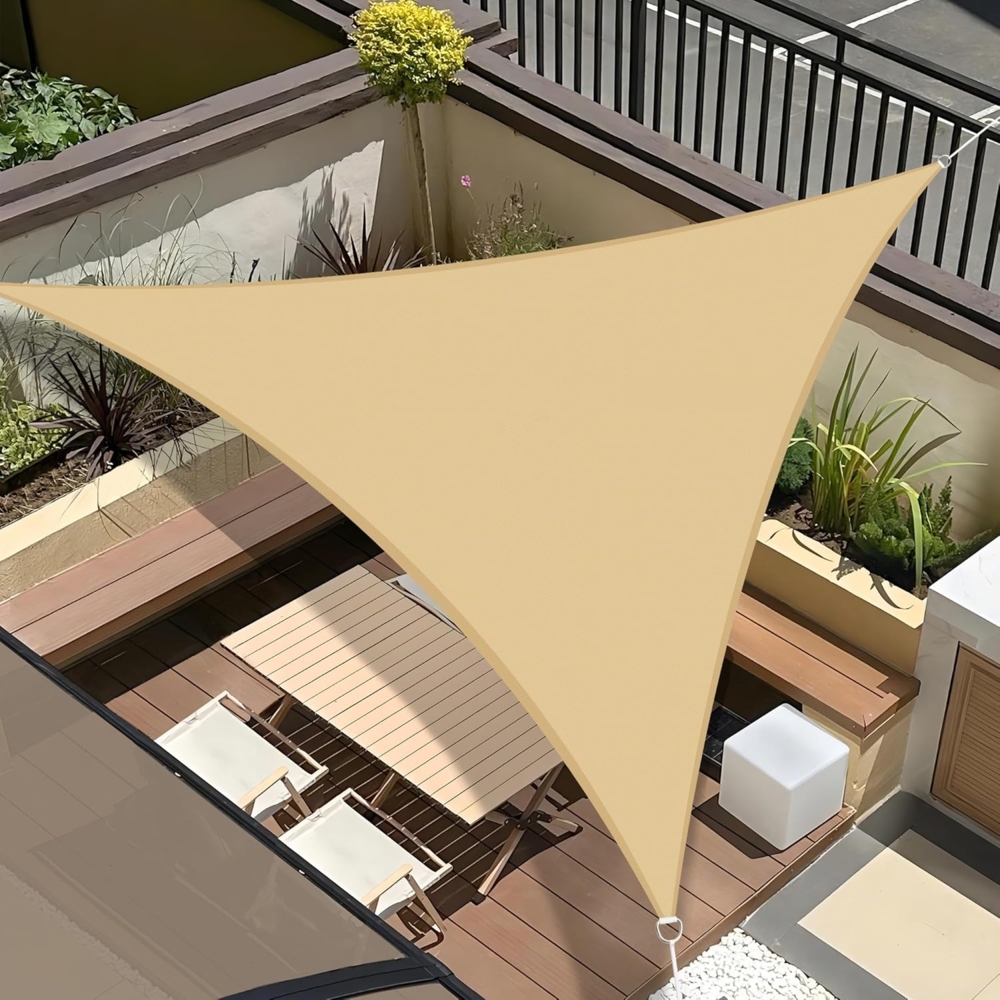 UMI Sonnensegel Wasserdicht 5 x 5 x 5 m Dreieckig Sonnenschutz Wetterschutz PES Polyester Segel Baldachin 95% UV Schutz mit Seilen für Garten Balkon Terrasse- Sand Bild 1