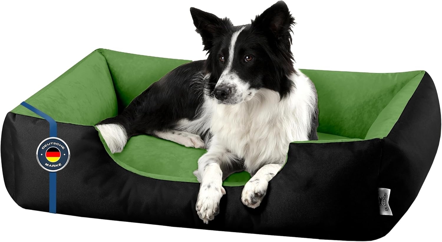 BedDog Hundebett LUPI, Hundesofa aus Cordura, Microfaser-Velours, waschbares Hundebett mit Rand, Hundekissen vier-eckig (XL) ca. 100x85x23cm, GREEN-FIELD (schwarz/grün) Bild 1