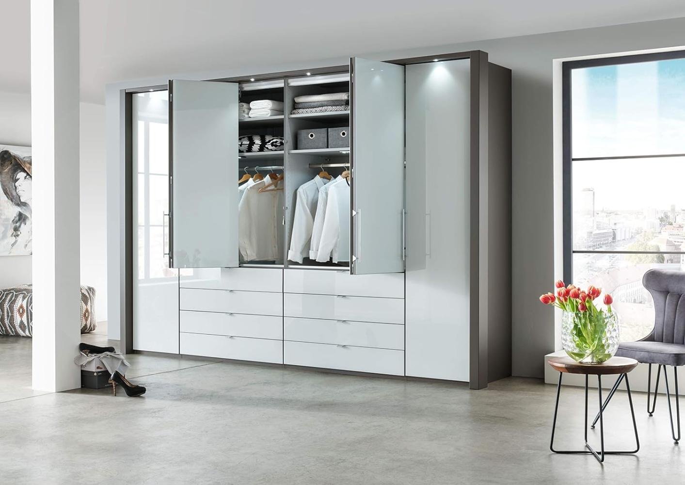 WIEMANN Loft Kleiderschrank, Schlafzimmerschrank, Gleittürenschrank, Drehtürenschrank, mit Schubladen, Glas weiß, Havanna, B/H/T 300 x 236 x 58 cm Bild 1