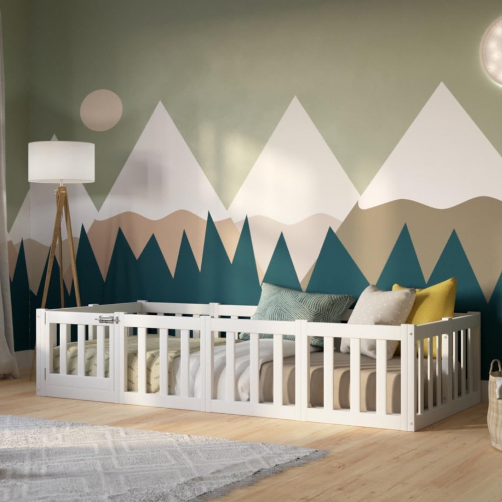 Crazy Pine Kinderbett 200x140 cm – Montessori Bodenbett mit Rausfallschutz 40cm und Öffnbarer Barriere - Weiß mit Glatter Oberfläche - Perfekt für Jungen und Mädchen Crazy Johnny Bild 1