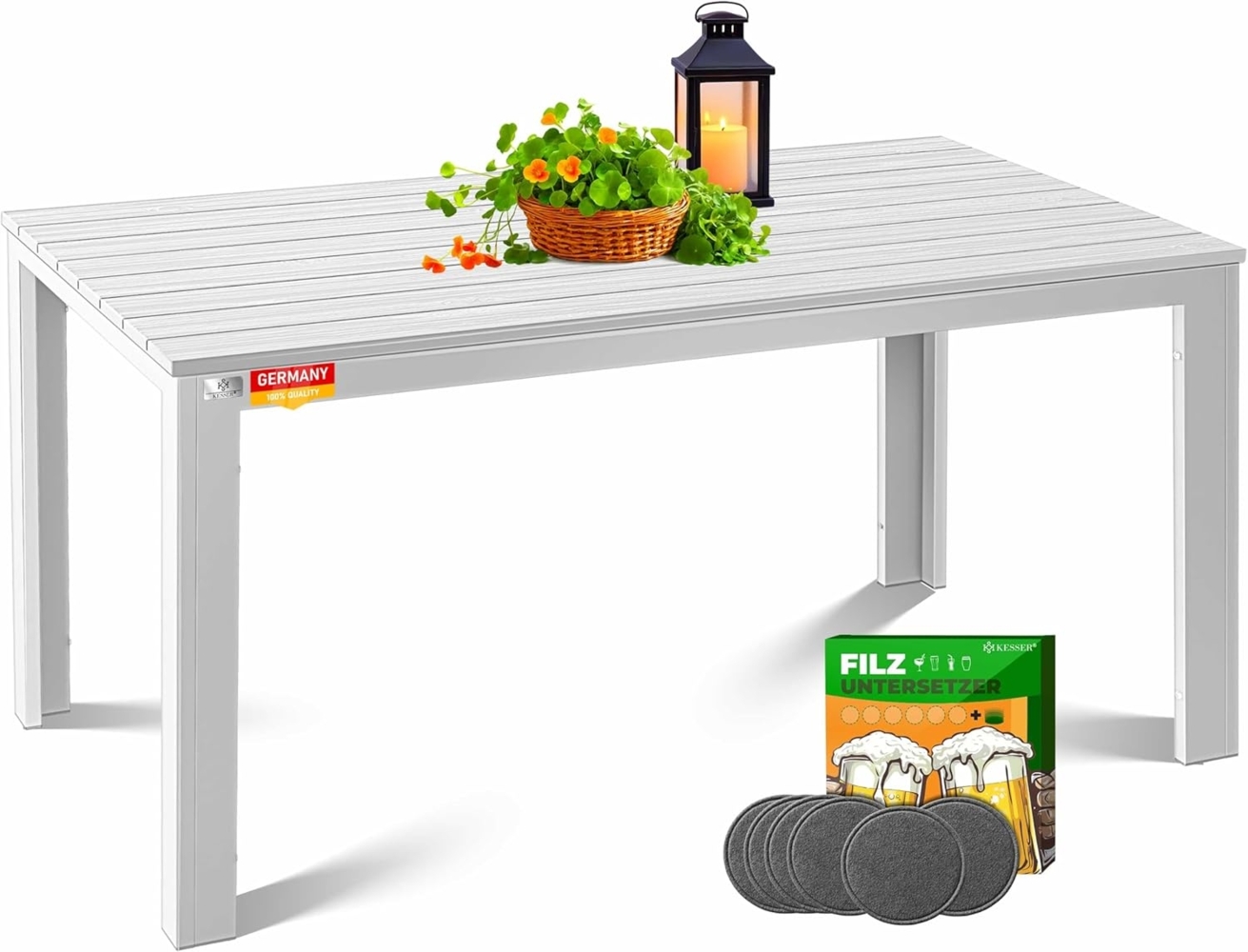 KESSER® Gartentisch 156x78 cm für bis 6 Personen Esstisch Wetterfest & UV-Beständig | Pulverbeschichteter Stahl Tisch Holz-Design mit 6 Filz-Untersetzer für Garten & Terrasse | pflegeleicht & langlebig Bild 1