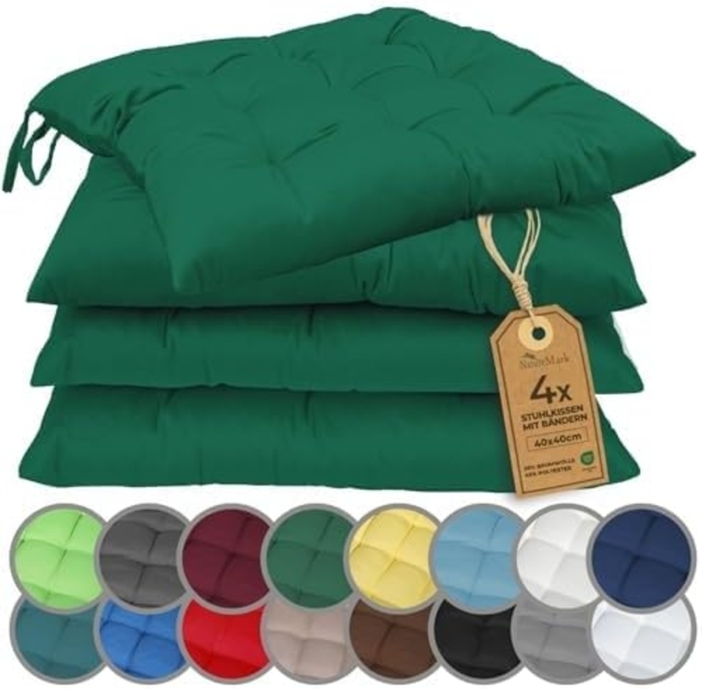 NatureMark 4er Set Stuhlkissen mit Bändern Gr. 40x40 cm Sitzkissen gefüllt, Dunkel grün Bild 1