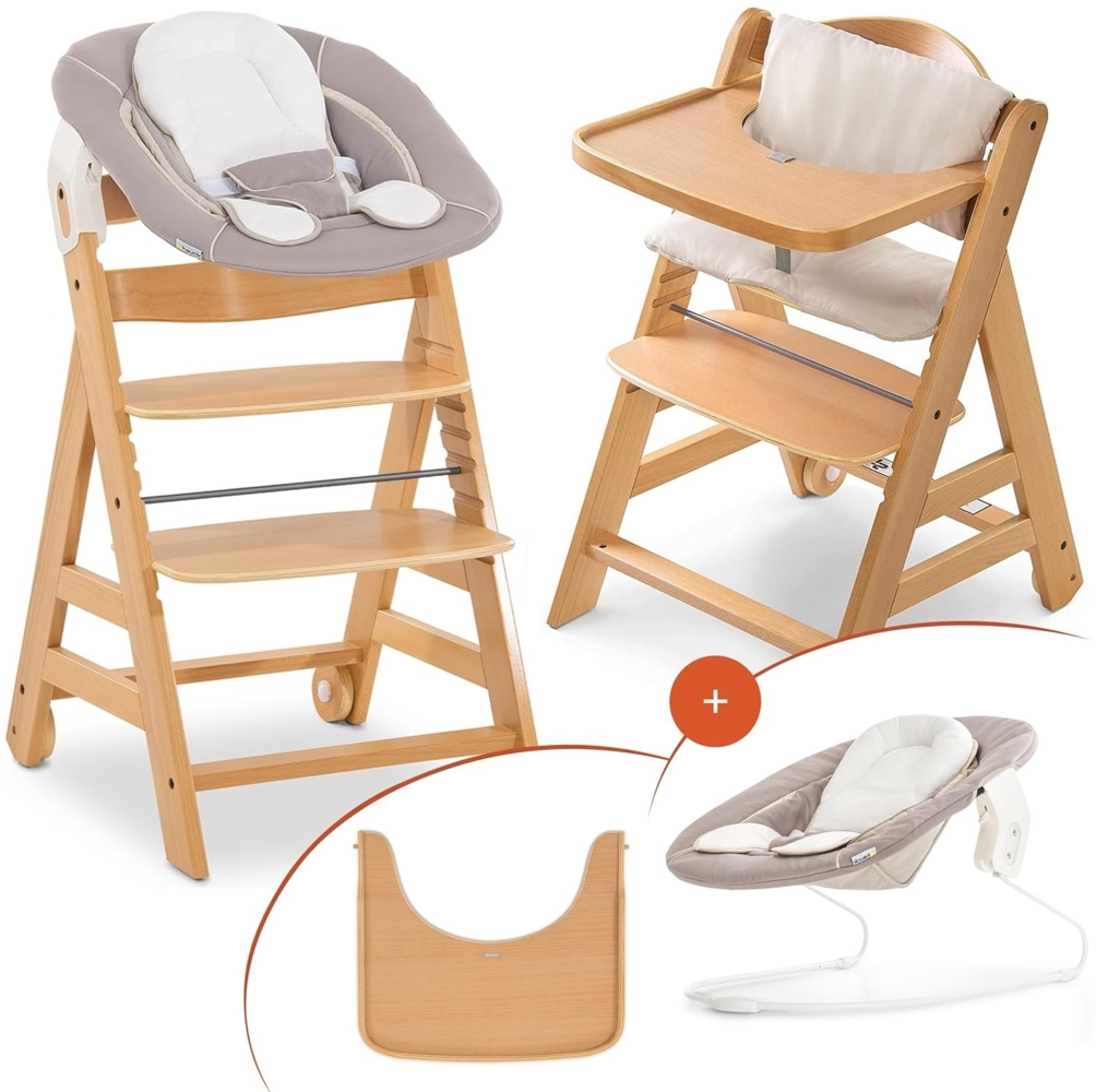 Hauck Alpha Plus Move Newborn Set - Baby Holz Hochstuhl ab Geburt inkl. Aufsatz für Neugeborene, Sitzpolster, Tisch - mitwachsend - Stretch Beige Bild 1