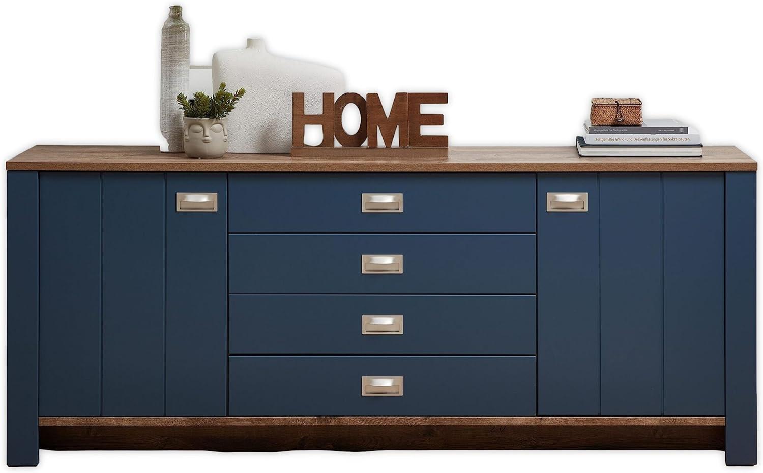 DIJON Sideboard in Parisian Blue, Haveleiche Cognac Optik - Moderne Kommode mit Schubladen und viel Stauraum - 194 x 79 x 45 cm (B/H/T) Bild 1