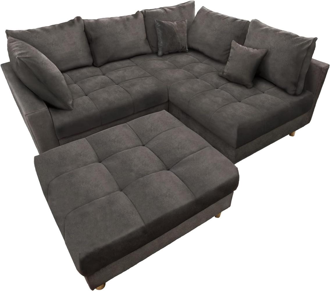 Moderne Ecksofa Kent 220cm grau Samt Sofa Federkern inkl. Hocker und Kissen Wohnlandschaft Couch Eckcouch Bild 1