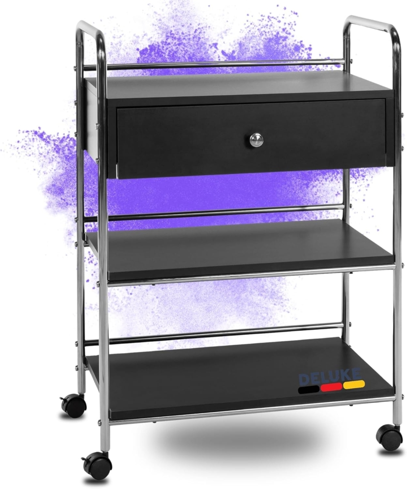 DELUKE® Rollwagen Beistellwagen mit Rollen KLIA - Schublade & Ablagen,Metall | Gerätewagen mobil Salonwagen auf Rollen Küchenwagen Servierwagen Kosmetikwagen, Schwarz Bild 1