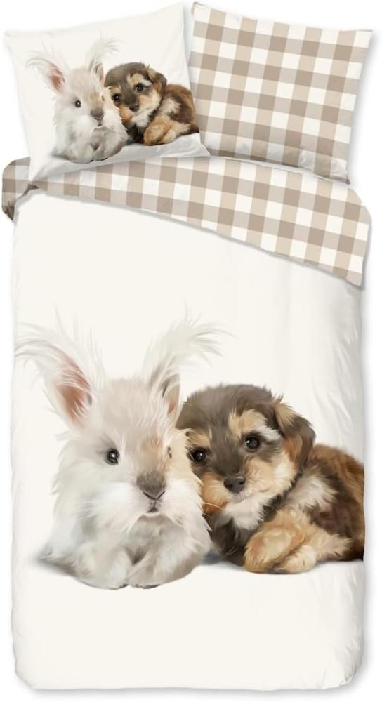 good morning Kinderbettwäsche Cute Rabbit & Dog, Biber, Flanell, 2 teilig, Biber, 135x200, Weich, Warm, Reißverschluss, Wendeoptik, Kind, Tier Bild 1