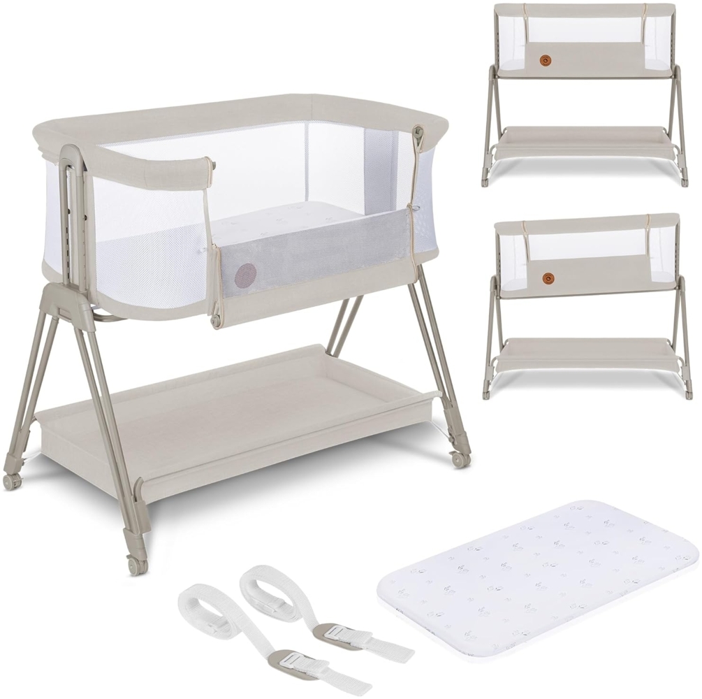 lionelo Luna 2-in-1 Nachttisch für Babys von Geburt bis 9 kg, mit Verstellbarer Höhe und Neigung, 4 feststellbare Räder, tragbar, atmungsaktiv, Netzgewebe, waschbare Matratze und Bezugskorb Bild 1