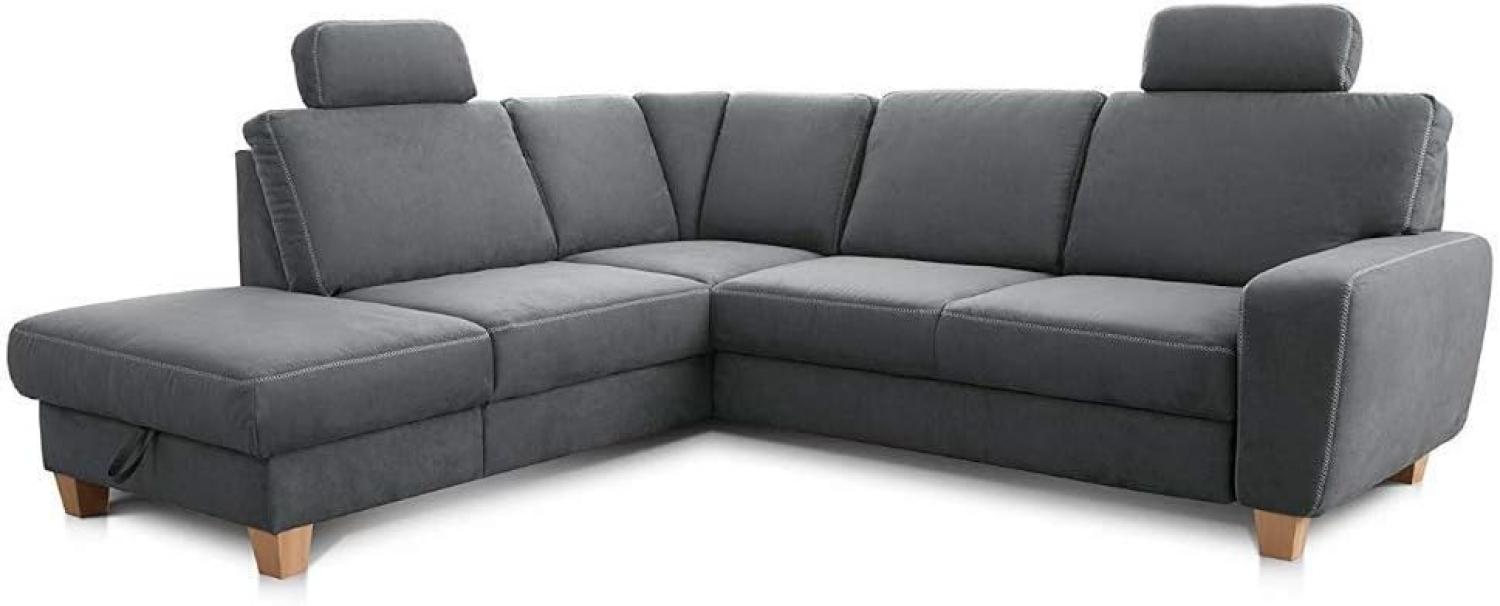 Cavadore Ecksofa Wisconsin mit Bettfunktion / Schlafsofa mit Federkern / Inkl. 2 Kopfstützen + Stauraum / Landhausstil / Holzfüße in Buche / Mikrofaser / Größe: 248 x 88 x 215 cm (BxHxT) / Farbe: Grau Bild 1