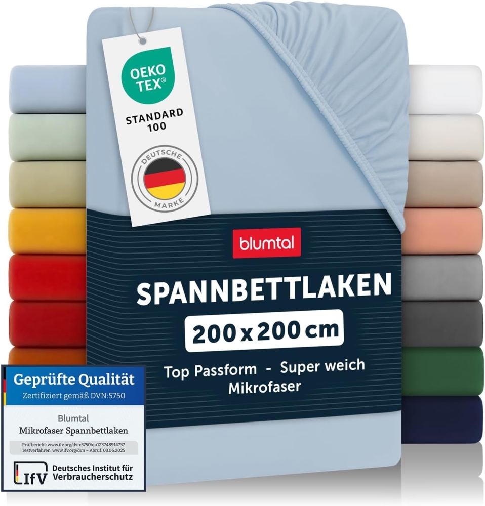 Blumtal® Spannbettlaken 200x200 cm 2er Set aus Microfaser - Oekotex zertifiziertes Bettlaken 200x200 cm - Spannbetttuch 200x200 cm/Leintuch 200x200 cm - Bettbezug 200x200 - Leintuch - Laken - Hellblau Bild 1