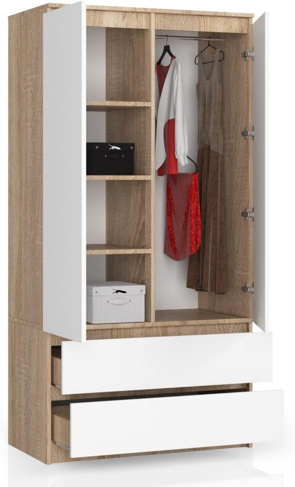 BDW Kleiderschrank 2 Türen, 4 Einlegeböden, Kleiderbügel, 2 Schubladen Kleiderschrank für das Schlafzimmer Wohnzimmer Diele 180 x 90 x 51 cm (Eiche Sonoma/Weiß) Bild 1