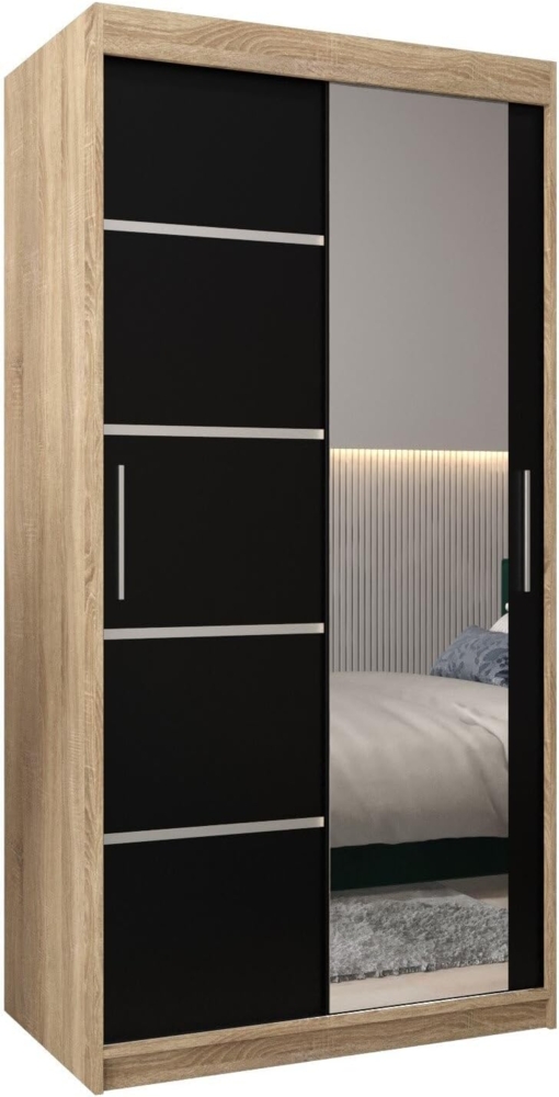 Schwebetürenschrank Verona 2-100 cm mit Spiegel Kleiderschrank mit Kleiderstange und Einlegeboden Schlafzimmer- Wohnzimmerschrank Schiebetüren Modern Design (Sonoma + Schwarz) Bild 1