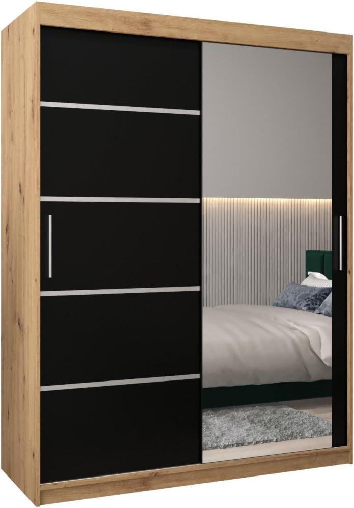 Kryspol Schwebetürenschrank Verona 2-150 cm mit Spiegel Kleiderschrank mit Kleiderstange und Einlegeboden Schlafzimmer- Wohnzimmerschrank Schiebetüren Modern Design (Artisan Eiche + Schwarz) Bild 1