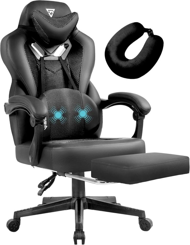 Vigosit Gaming Stuhl- Gamer Stuhl mit Fußstütze, Mesh PC Bürostuhl mit massagefunktion, Ergonomische Reclining Gamer Computer Stuhl 150 kg belastbarkeit, Groß und hoch Büro Gaming Sessel (Dunkelgrau) Bild 1