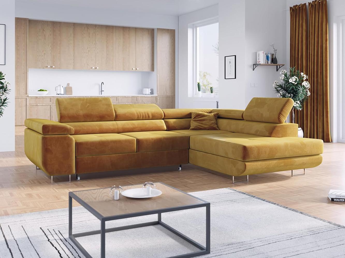 Ecksofa L-Form Couch mit Schlaffunktion und Verstellbare Kopfstützen - GUSTAW - Gelb Velours - Rechts Bild 1