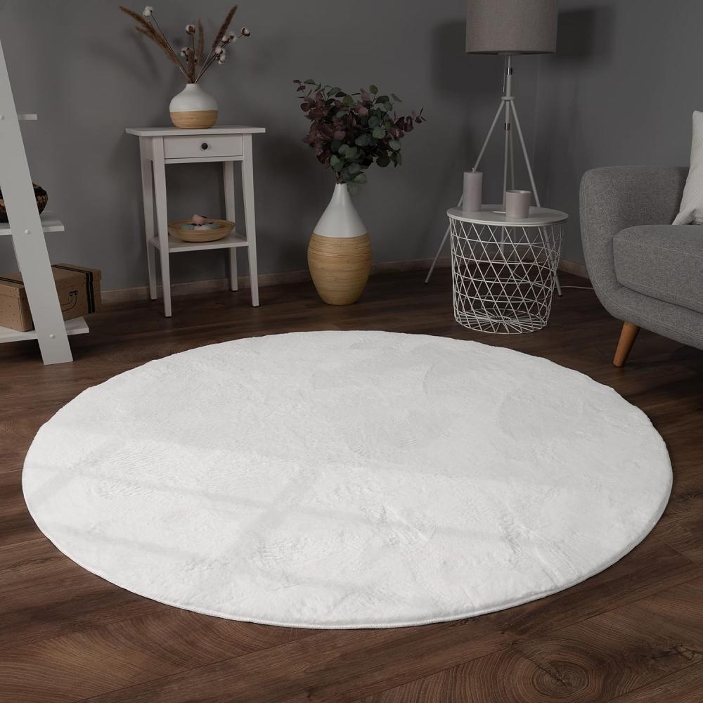 Paco Home Hochflor Teppich Wohnzimmer Flauschig Fellteppich Kunstfell Plüsch Shaggy Weich Fellimitat, Grösse:Ø 100 cm Rund, Farbe:Weiß Bild 1