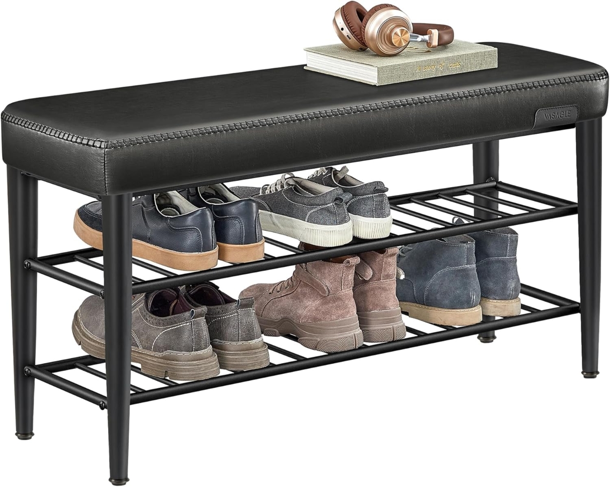 VASAGLE EKHO Kollektion - Schuhbank, Sitzbank, Sitztruhe, Eingangsbereich, Kunstleder, Nähte, Mid-Century-Modern-Stil, modern, bis 135 kg belastbar, 30 x 100 x 50 cm, tintenschwarz LSBDE113B01 Bild 1