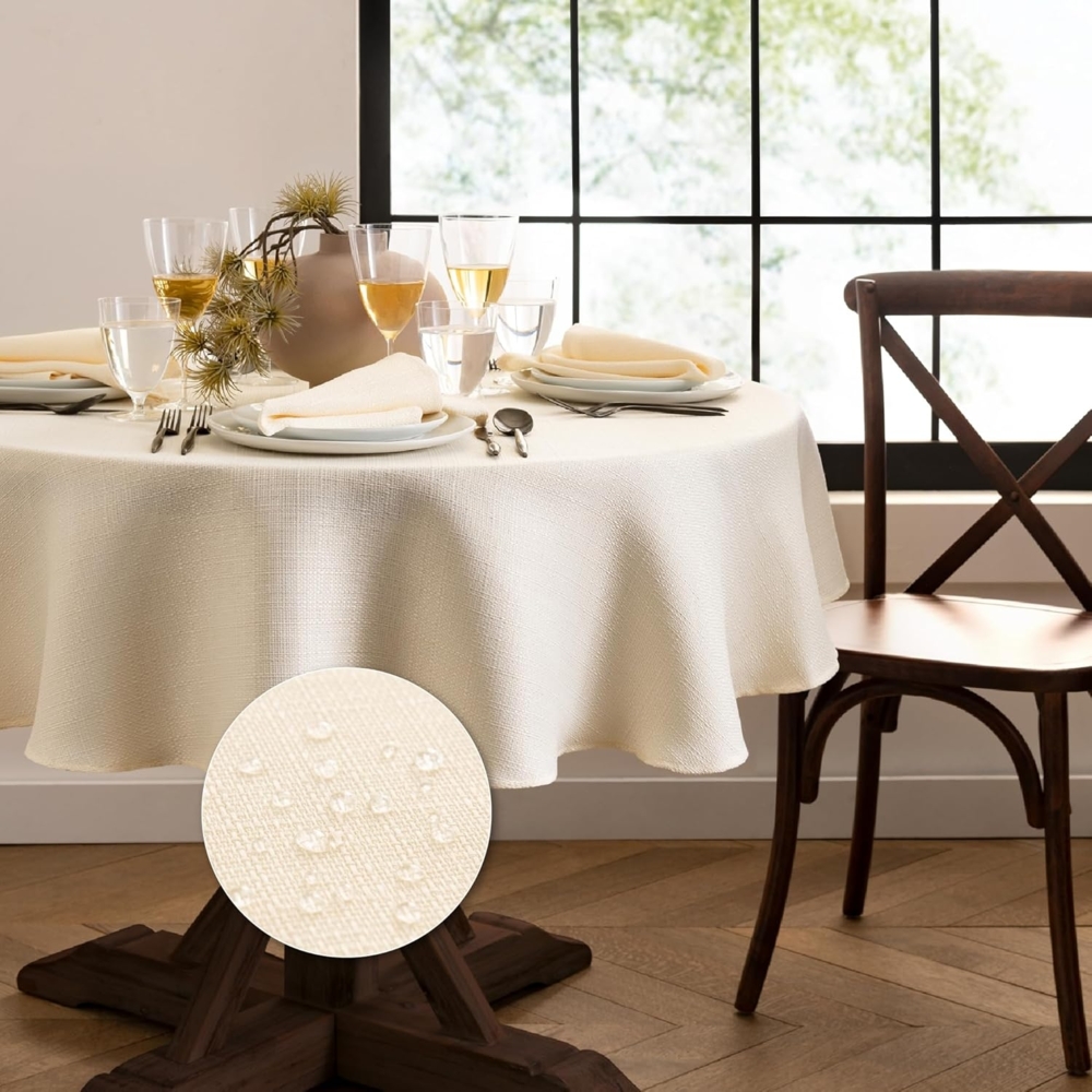 Elrene Home Fashions Laurel Tischdecke mit Fester Textur, Wasser- und schmutzabweisend, 177,8 cm, rund, elfenbeinfarben Bild 1