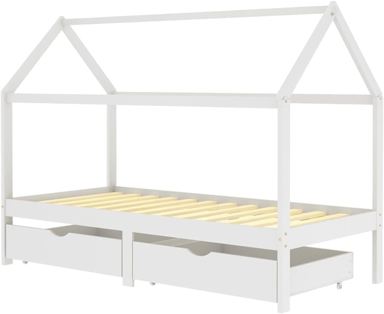 vidaXL Hausbett 90x200 cm, Weiß, Kiefer massiv, mit zwei Schubladen Bild 1