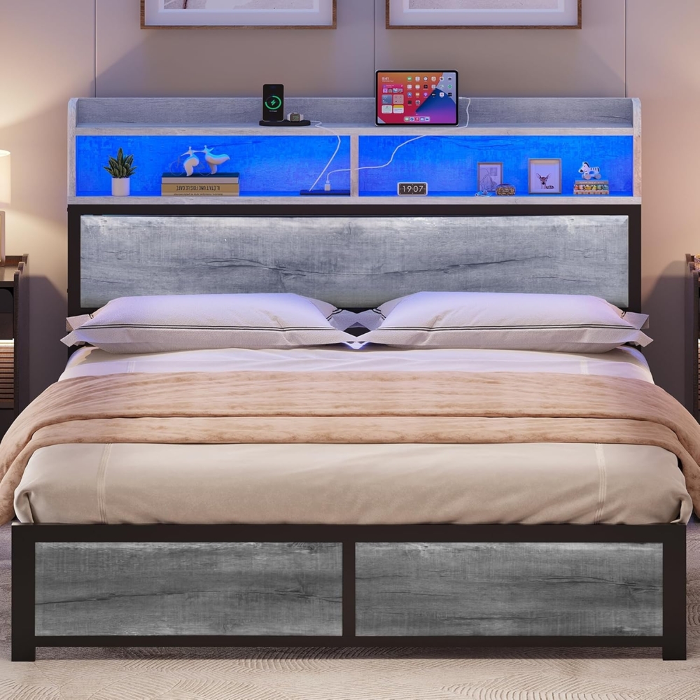 YITAHOME Bettgestell LED mit Kopfteil USB-Anschlüsse und Ladeausgänge Metallplattform-Bettgestell mit 2 Regalböden,Keine Matratze erforderlich,180X200CM Grau Bild 1