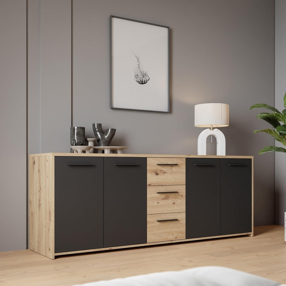 Forte PILVI Sideboard 180, modernes Sideboard mit 4 Türen und 4 Schubladen, Wohn-/Schlafzimmer, Holzwerkstoff, Artisan Eiche Holzdekor mit Schwarz, 179 cm breit x 74,1 cm hoch x 42 cm tief Bild 1