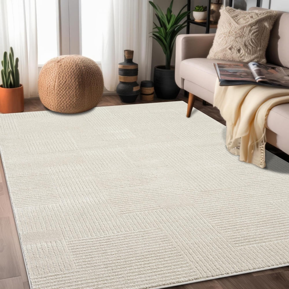 Teppich Wohnzimmer Kurzflor Beige 120x170cm Geometrisch Gestreifte Muster mit Hoch-Tief-Effekt, 3D Effekt, Weich Bild 1