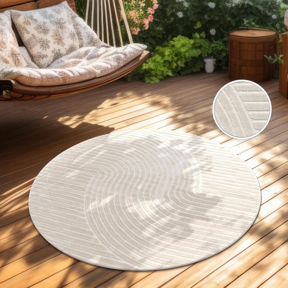 Paco Home Outdoor Teppich Wetterfest Balkon Wohnzimmer Skandinavisches Boho Muster Einfarbig Geometrisch 3D Effekt Moderne Deko, Grösse:160 cm Rund, Farbe:Creme 2 Bild 1