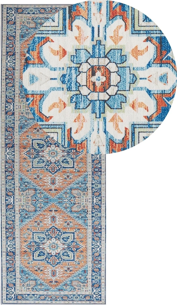 Teppich blau orange orientalisches Muster 70 x 200 cm Kurzflor RITAPURAM Bild 1