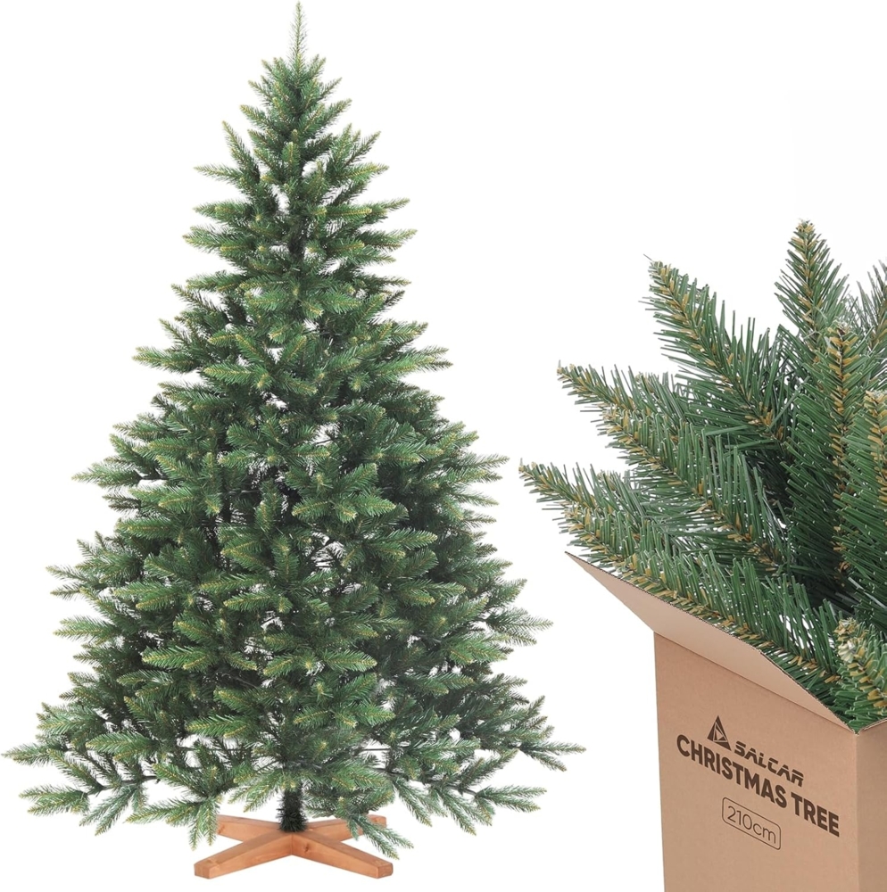 SALCAR 210cm Weihnachtsbaum Künstlich mit Holzständer, PVC Nadeln, Realistischer Christbaum, Hochwertige Dekoration für Innenräume, Einfacher Aufbau Bild 1