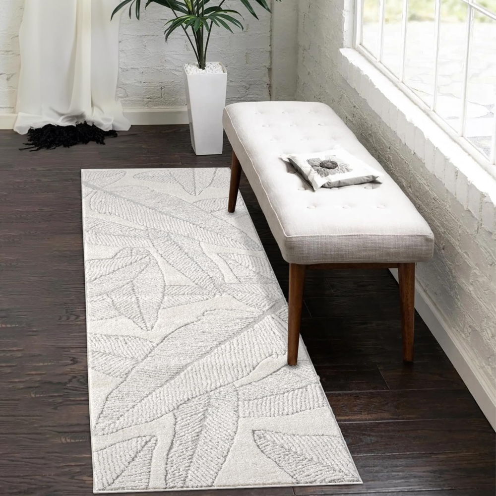 Teppich Läufer - 80x300cm Creme-Grau Bodenbelag Hochtief Struktur Flachflor - Florales Muster Boho Design Wohnteppich Bild 1