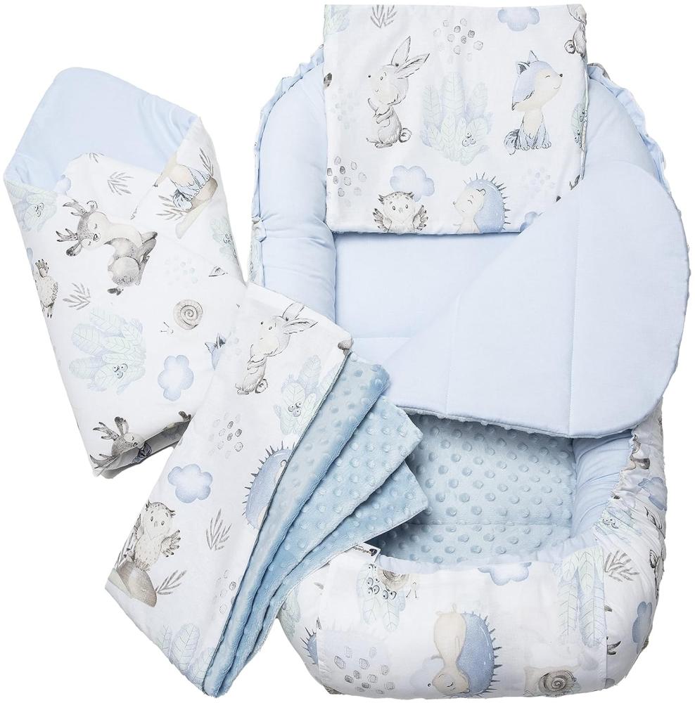 Medi Partners 5 teilig Babynestchen Set Babynest 100x60x15 herausnehmbarer Einsatz Bett Kuschelnest Krabbeldecke Babys Neugeborene 100% Baumwolle (Hirsch und Igel mit Hellblau Minky) Bild 1